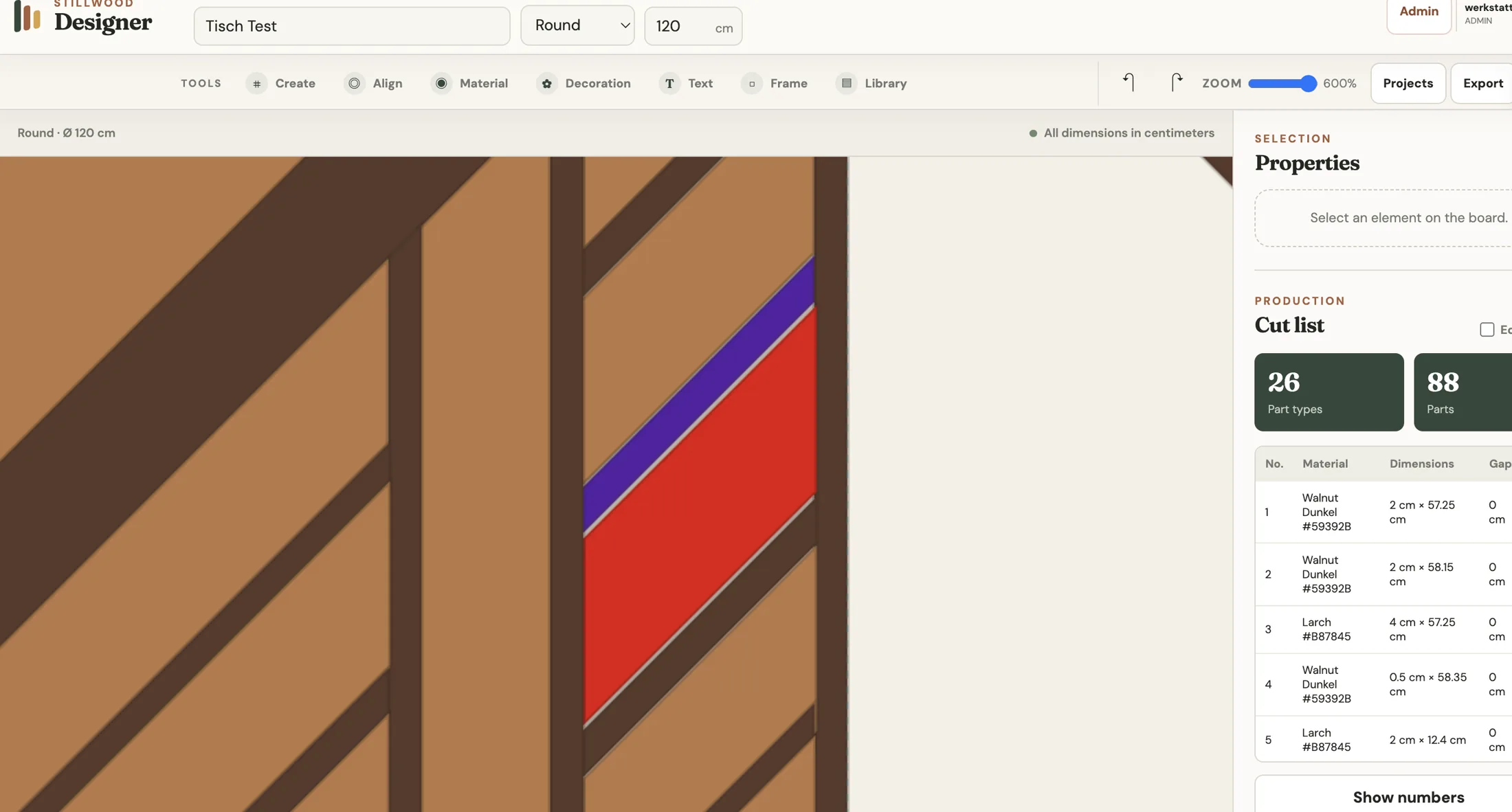 WoodMinded Designer showing a geometric wood inlay with colored edge tests and a generated cut list