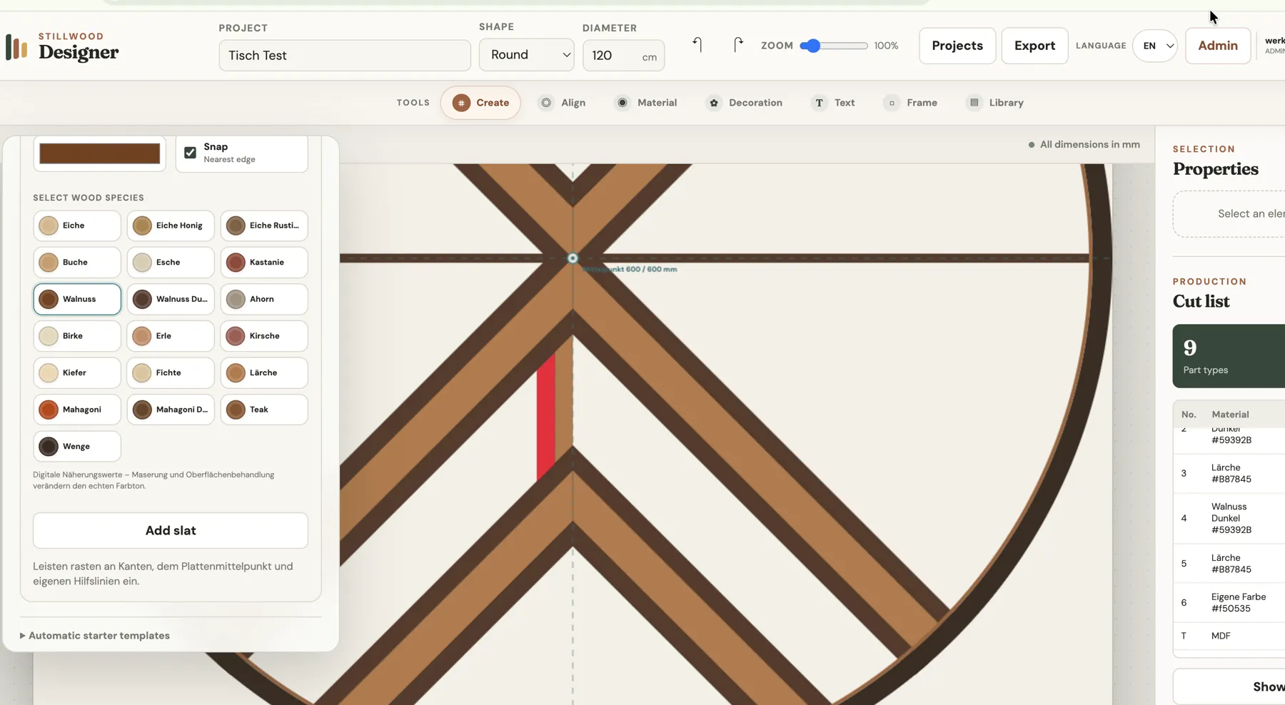 WoodMinded Designer editor with an English wood species palette including oak, beech, walnut, maple, and mahogany